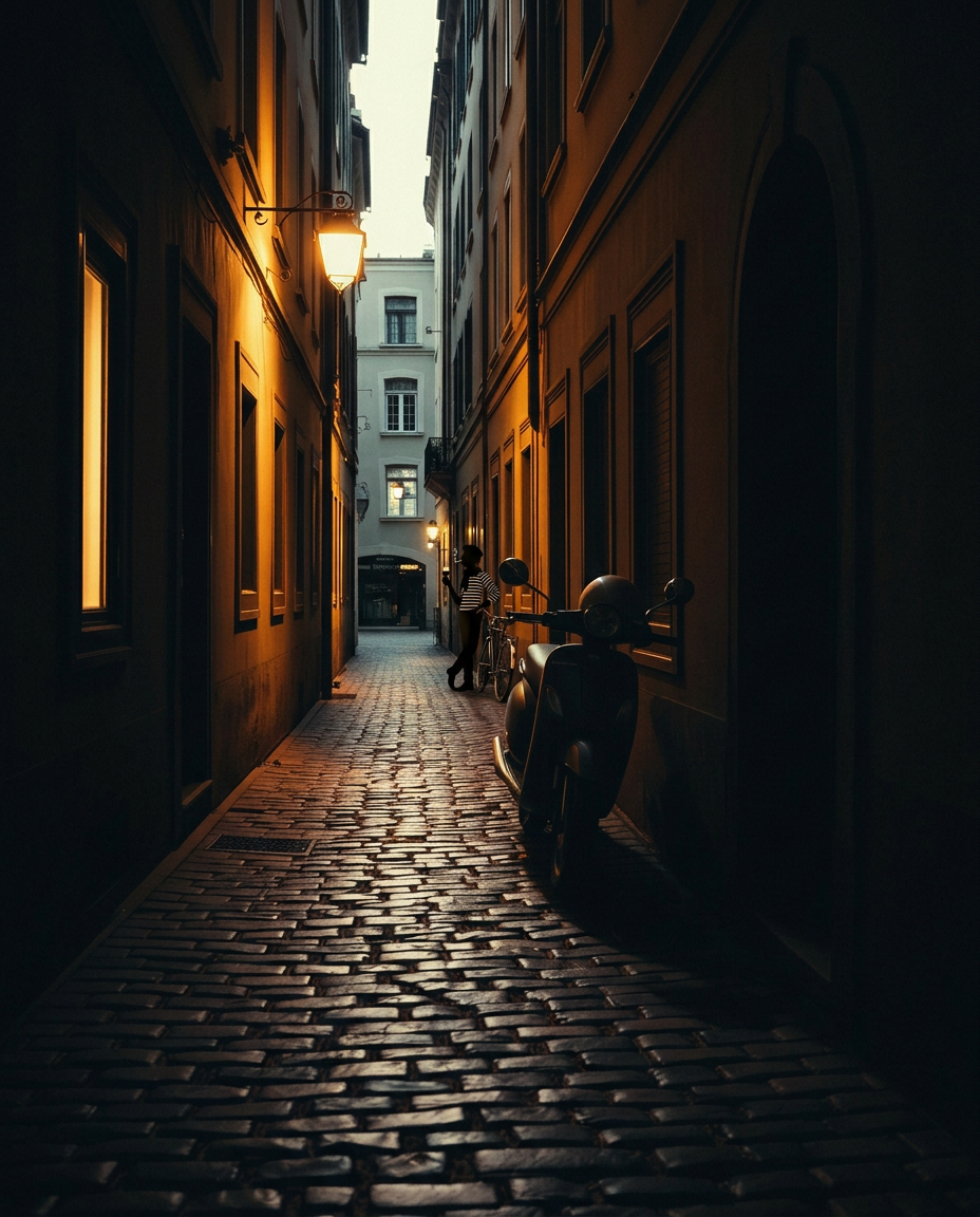 A narrow European alley at dusk, warm window light on cobblestone
