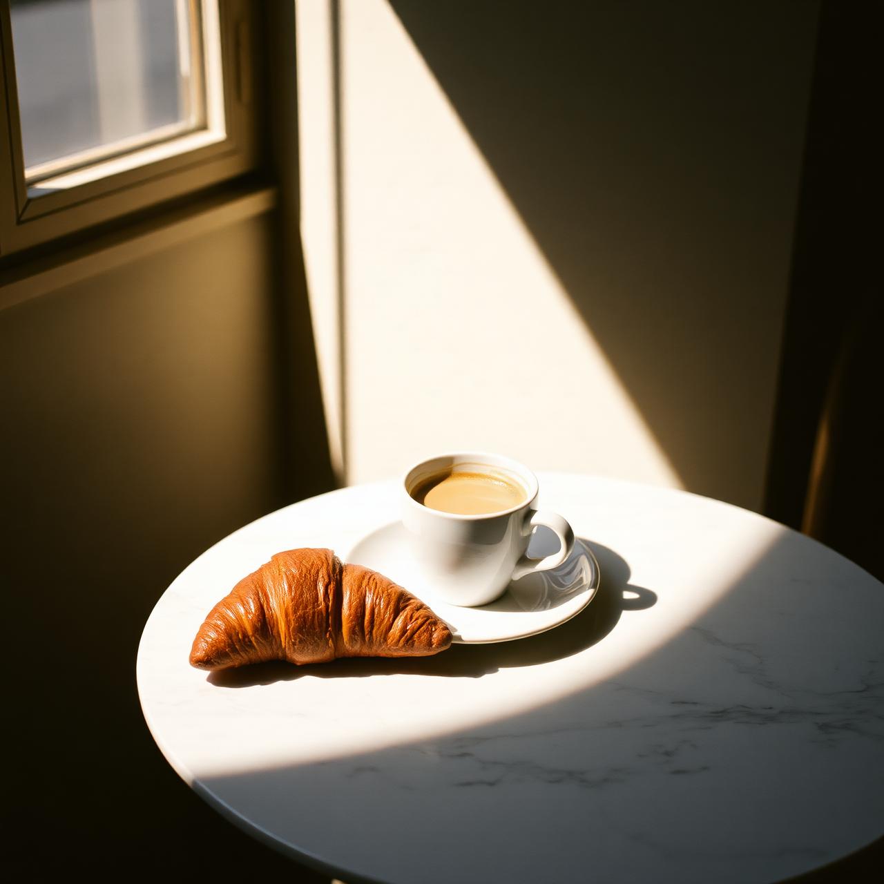 Espresso and croissant on a marble café table in morning light