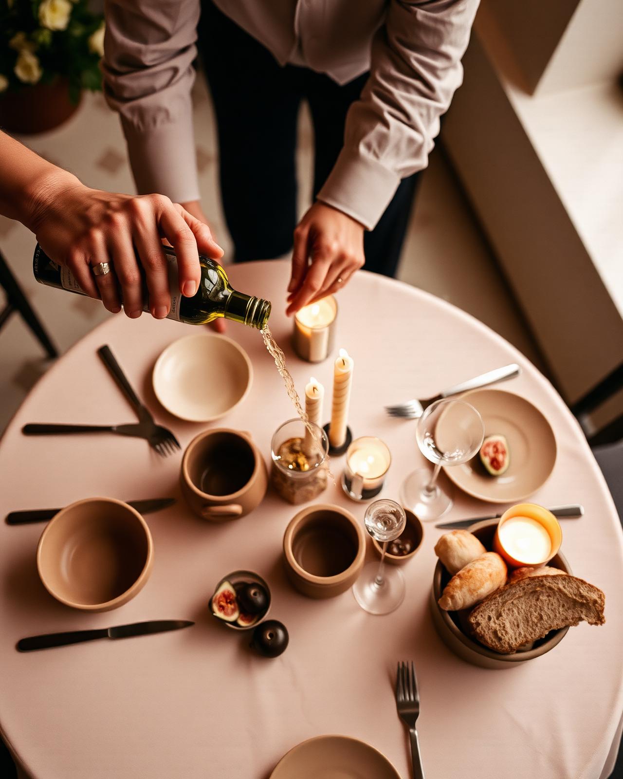 Hands pouring wine over a Mediterranean dinner table